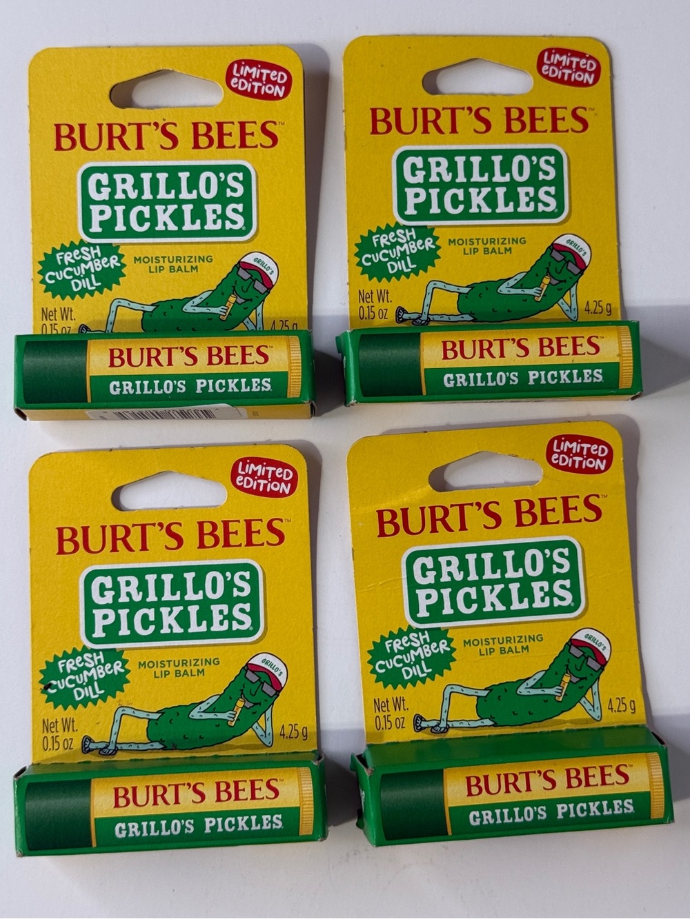 Burt's Bees Grillo's Pickles Moisturizing Lip Balm - Limited Edition lot of 4